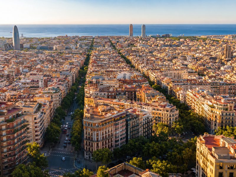 Barcelona, Spain — aerial view of the Eixample district