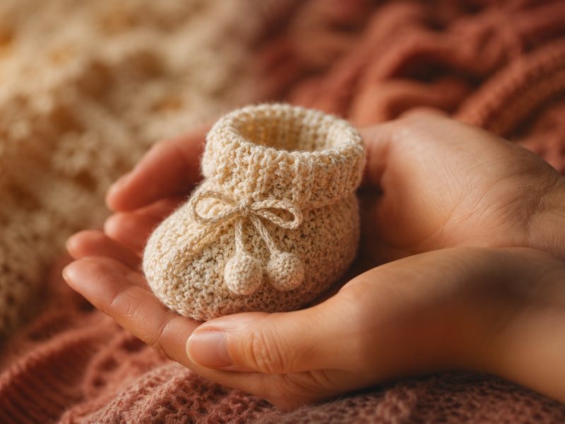 Hands cradling a baby bootie — hope and family